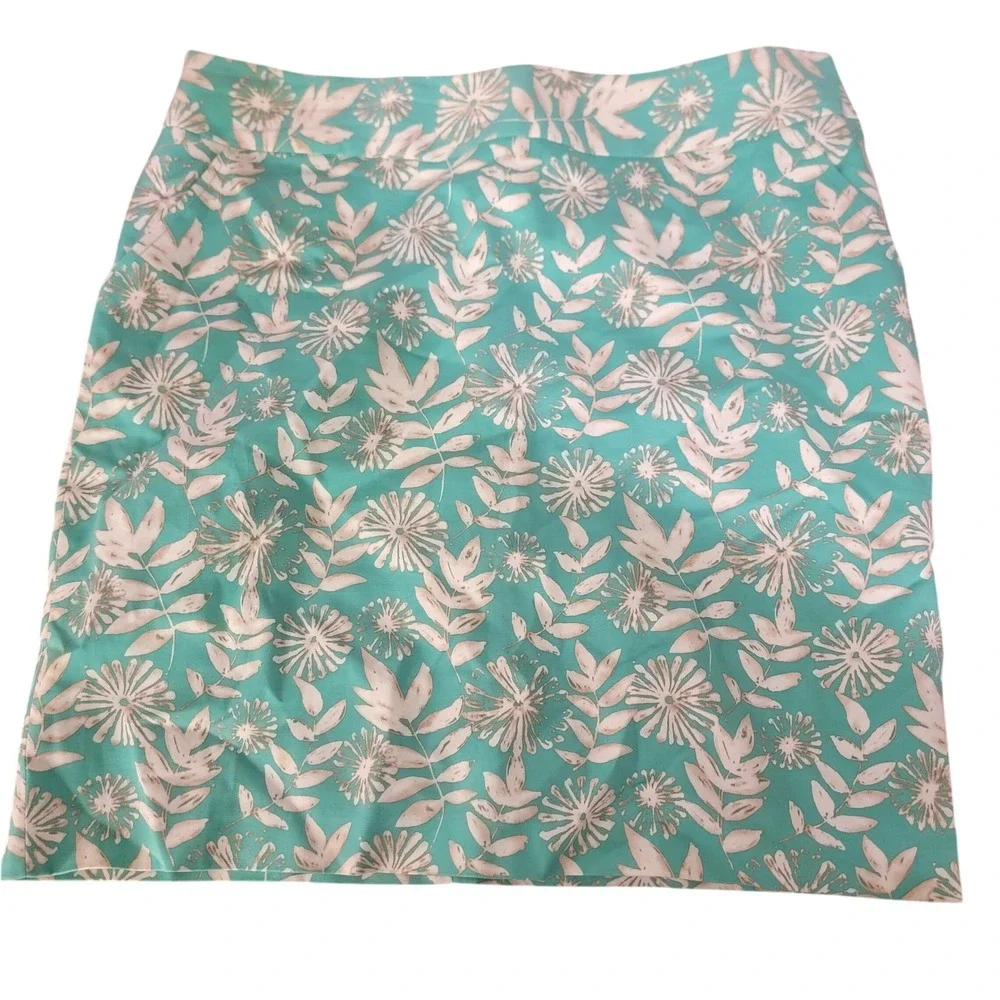 Rafaella Women Teal White Floral Cotton Blend Lined Pencil Skirt Size 14 Pockets